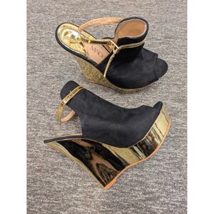 MackinJ Black Gold Metallic Wedge Peep Toe Heels Womens 6.5